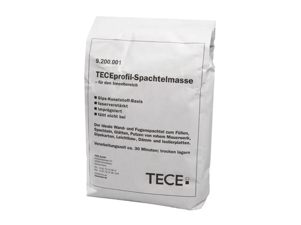 Weiße Verpackung von TECE mit Produktinformationen zur Spachtelmasse für den Innenbereich. Enthält Hinweise zur Verarbeitung und Anwendung.